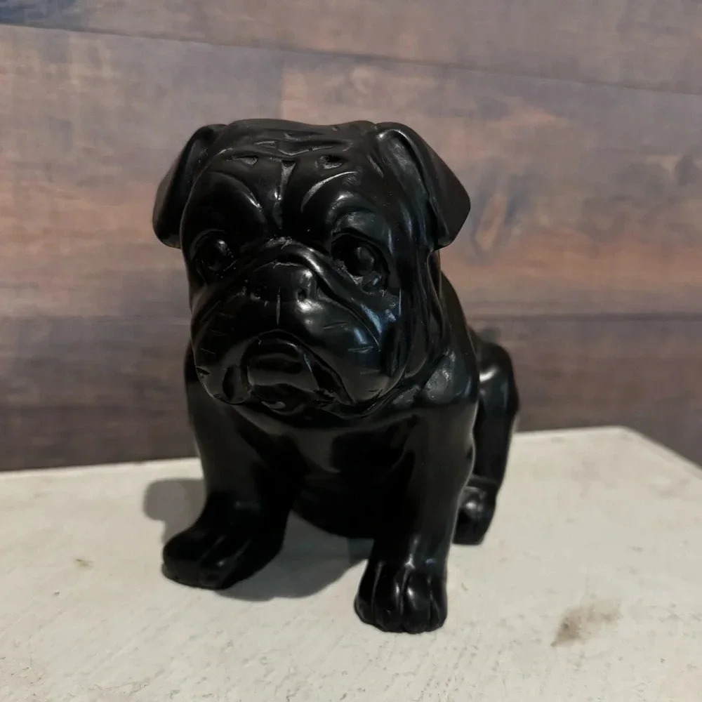 Heavy Black Carved Bulldog Sculpture Stone/Wood Pug Dog Statue 4 Pounds